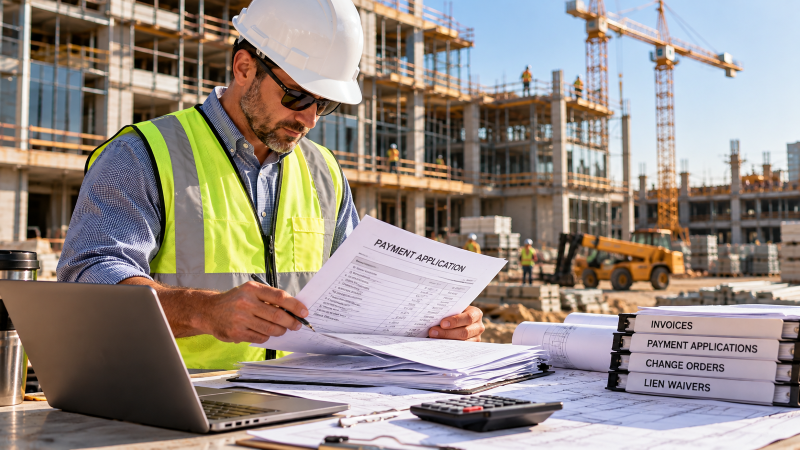 Georgia commercial construction project manager reviewing payment applications and invoices to address unpaid construction accounts.