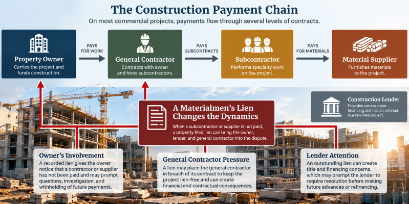 Georgia construction payment chain showing owners, general contractors, subcontractors, and material suppliers, and how materialmen's liens involve owners and lenders in unpaid construction disputes.